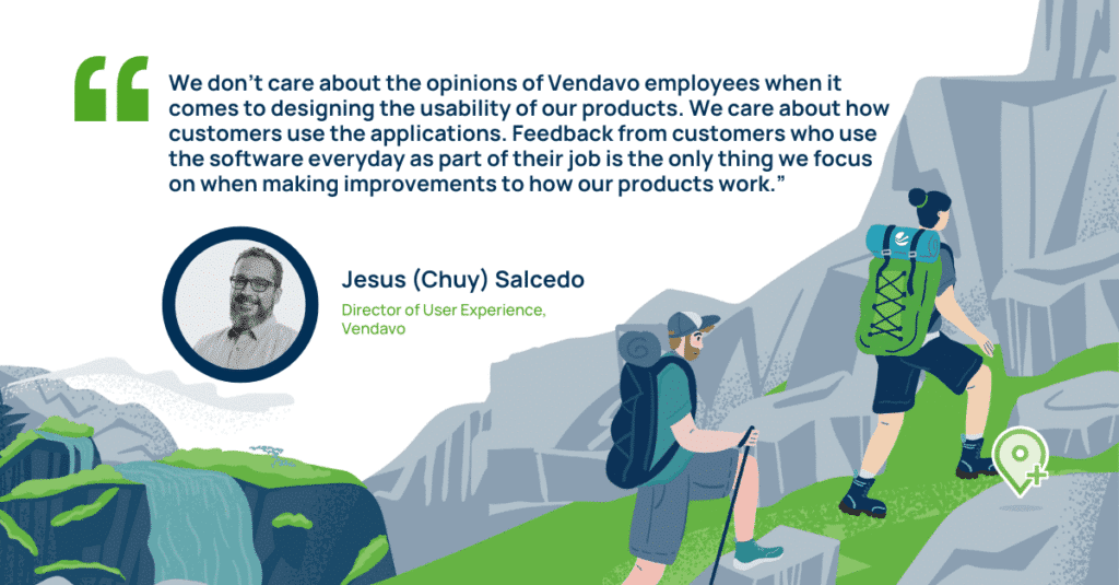 Vendavo testimonial graphic featuring Jesus (Chuy) Salcedo, Director of User Experience, with a quote about customer feedback driving product usability