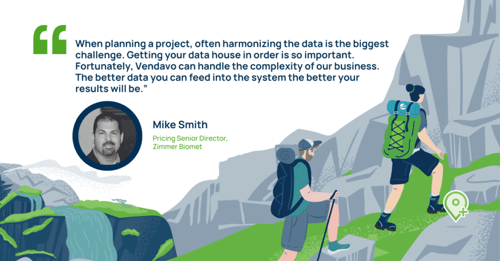 Vendavo testimonial graphic featuring Mike Smith, Pricing Senior Director at Zimmer Biomet, with a quote on harmonizing data and system results