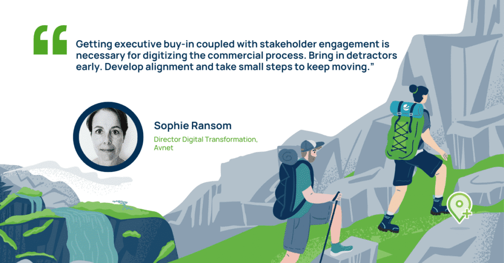 Vendavo testimonial graphic featuring Sophie Ransom, Director of Digital Transformation at Avnet, with a quote on executive buy-in and stakeholder engagement for digital transformation